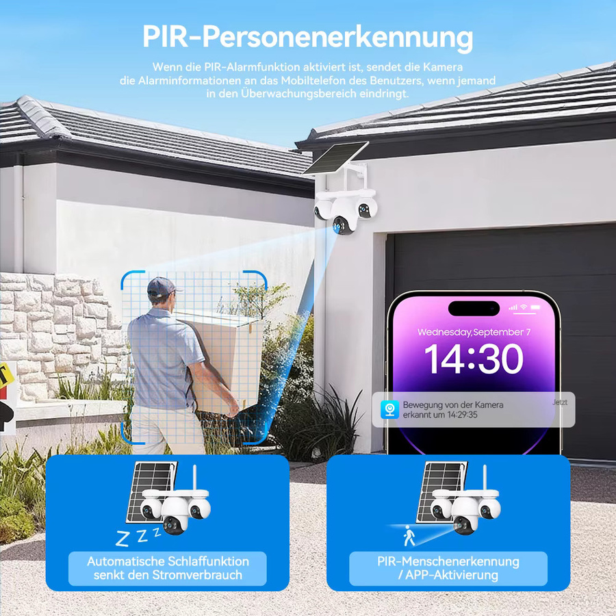 V380 Pro 4G LTE Solar Überwachungskamera für den Außenbereich mit 8MP Dreifach-Objektiv, PTZ und Auto-Tracking, Weiß - Bild 5