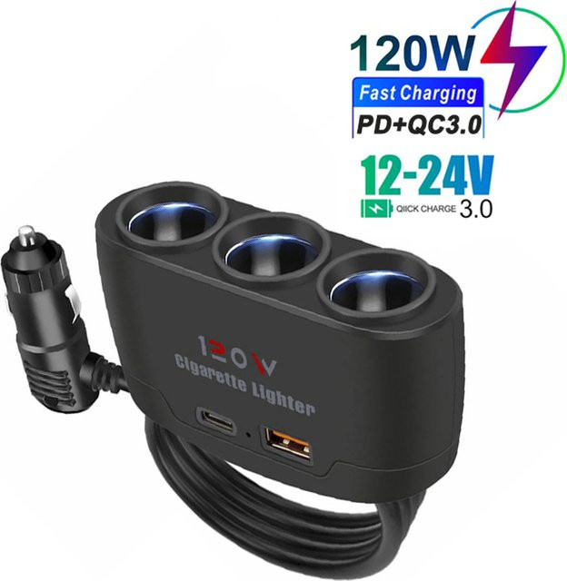 Kebidumei 120W Dual-USB-Auto-Ladegerät mit PD und QC3.0, USB-C Schnellladegerät für 12V und 24V, Schwarz - Bild 1