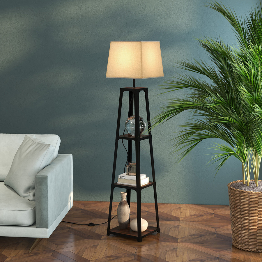 HOMCOM Stehlampe mit 3 Regalen aus Metall und Holz, Stofflampenschirm, Schwarz und Beige, Höhe: 166 cm, Breite: 42 cm - Bild 2