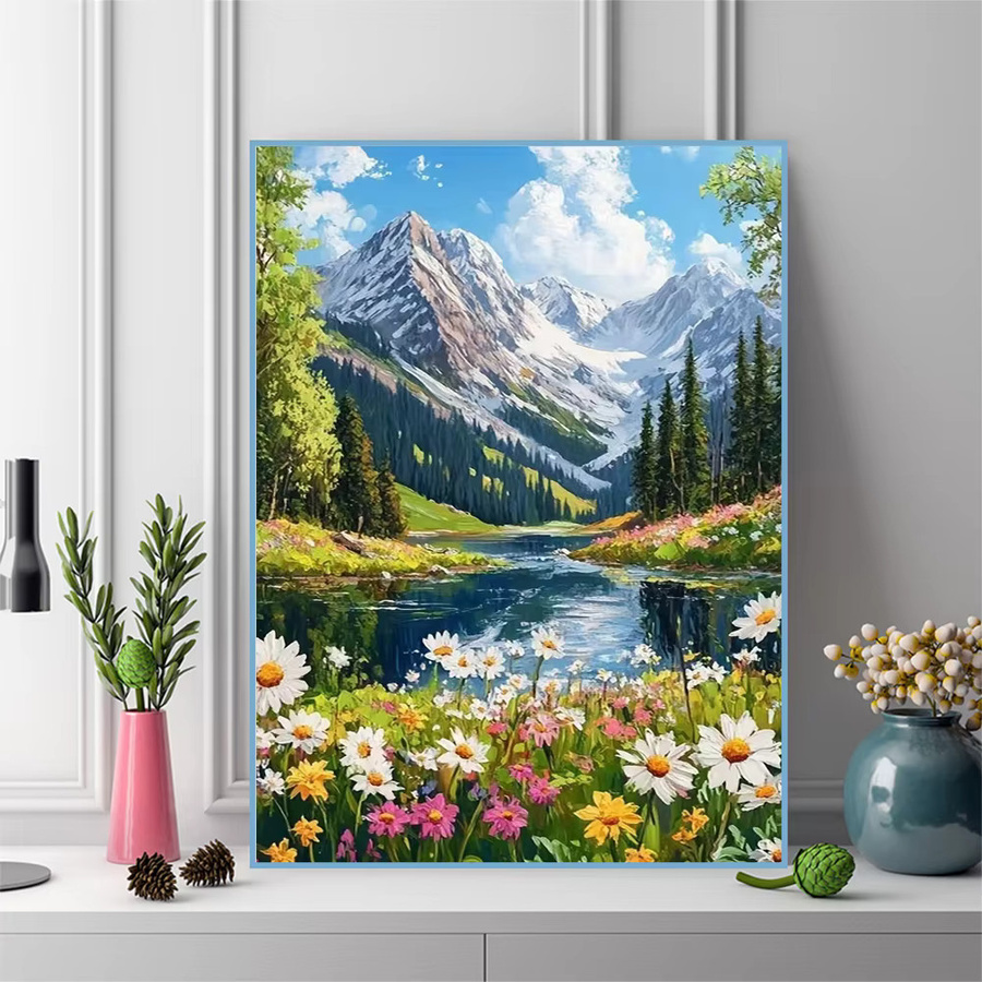 Momoart DIY Diamantmalerei Berglandschaft mit Fluss und Blumen, Mehrfarbiges Diamant-Mosaik Set für Wandkunst, B/H: 30 x 30 cm - Bild 3