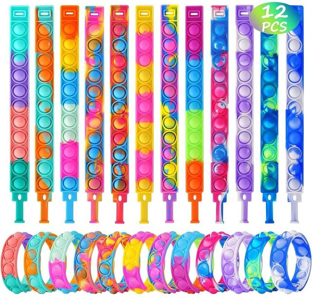 12er Set Pop It Armbänder als sensorisches Stressabbau Spielzeug für Kinder in bunten Farben - Bild 1