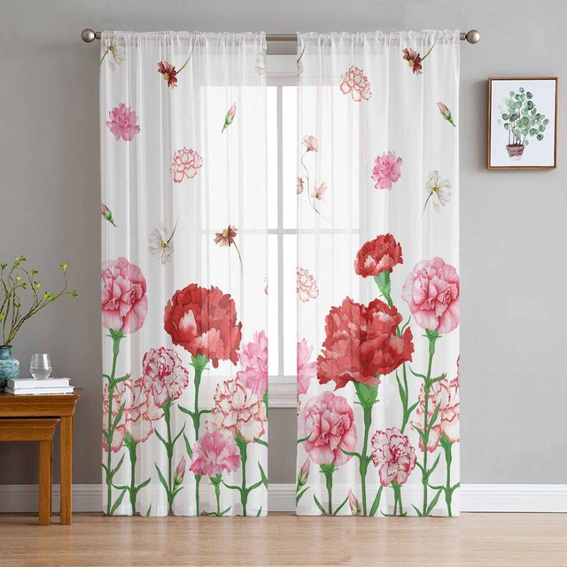Super Six Chiffon-Fenstervorhang mit Aquarellblumen in Rosa und Rot, Weiß, Breite: 135 cm, Höhe: 114 cm - Bild 1