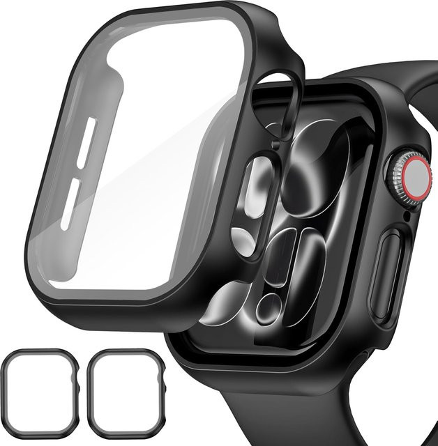 VATMENS Displayschutzfolie aus Glas und Hülle für Apple Watch Serie 3 bis 9 sowie SE in Schwarz und Grün - Bild 1