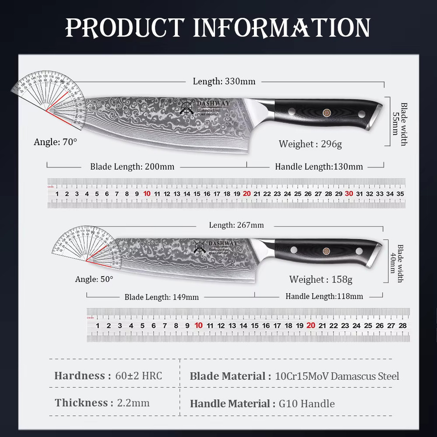 DASHWAY 2er-Set professionelle japanische Küchenmesser aus 67-lagigem Damaststahl, Bunka und Kiritsuke, Farbe: Silber - Bild 5