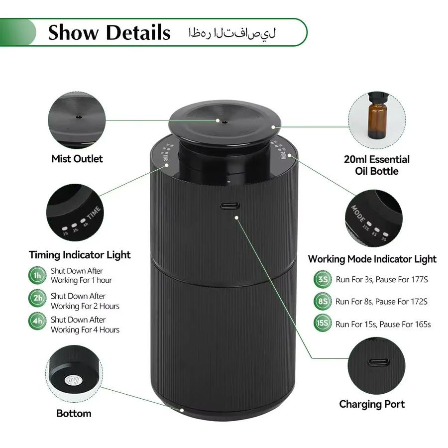 Namste Aroma Diffusor aus Aluminiumlegierung, USB aufladbar, Schwarz, B/T/H: 23,5 x 11,2 x 11,2 cm - Bild 5
