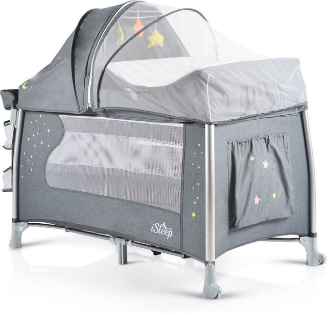 Cangaroo Reisebett iSleep Set mit Matratze, Spielbogen, Wickelauflage und Moskitonetz in Grau aus Leinenstoff - Bild 1