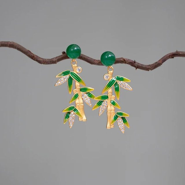 YIRAN Jewelry Ohrhänger, Hetian Jade, grün, Bambus, Blätter, Damen - Bild 1