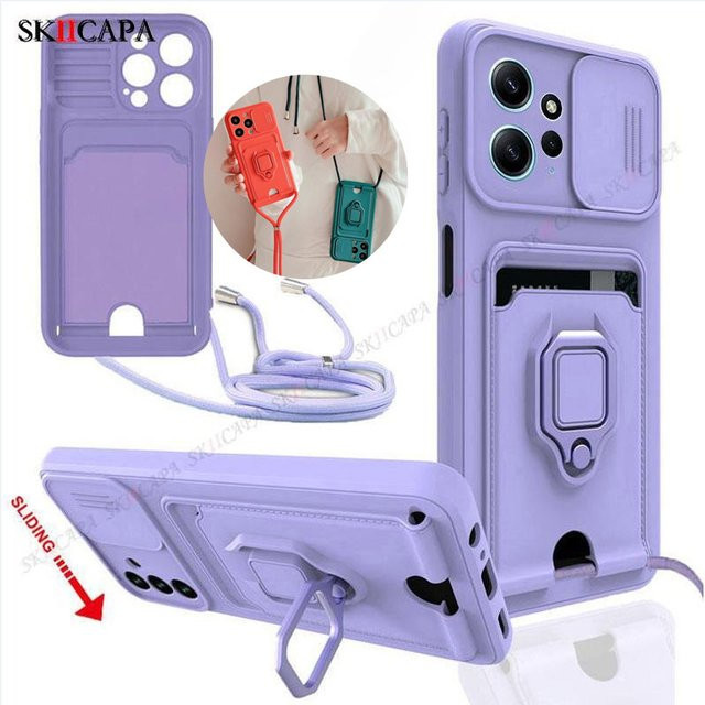 Silikonhülle mit Slide Lens Card Slot und Crossbody Lanyard Strap für Xiaomi Redmi Note 13 Pro 4G 5G Note 12 Pro 11 10 Pro Max 10s in Grün und Lila - Bild 1