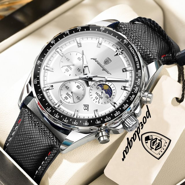 POEDAGAR Armbanduhr, Chronograph, Quarz, Leder, Silber, Herren - Bild 1