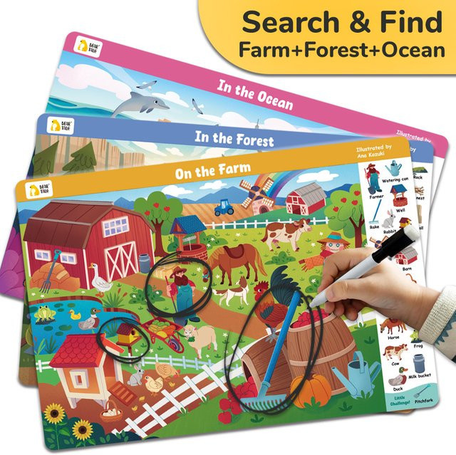Interaktives Malset mit 3 Themen für Such- und Find-Spiele, mehrfarbiges Zeichenbuch mit wiederverwendbarem Stift aus Papier und Pappe - Bild 1