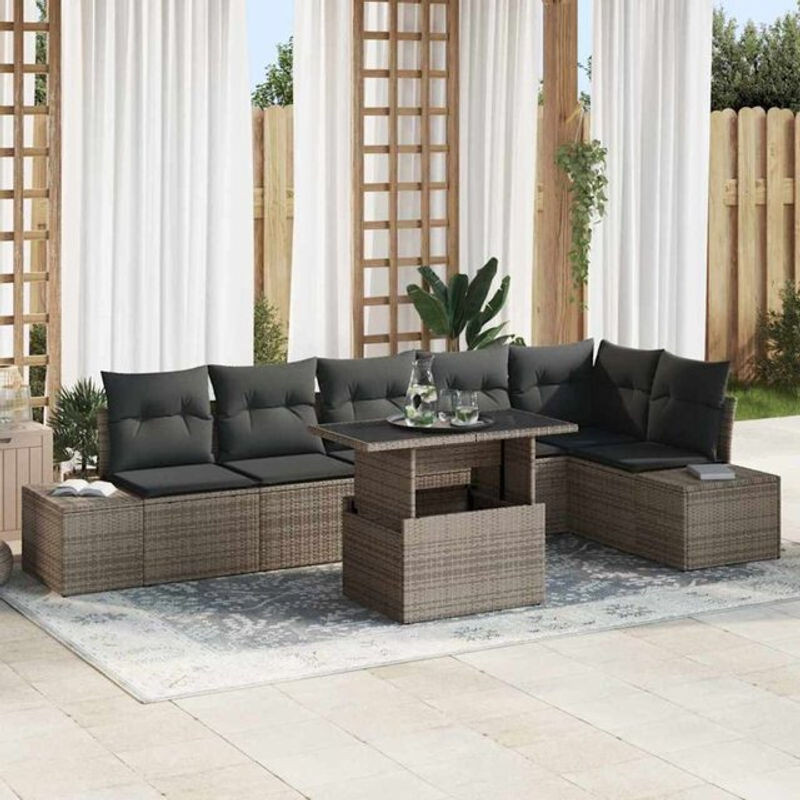 Vidaxl Garten-Sofa-Set aus Polyrattan mit Kissen in Grau, 7-teiliges Loungemöbel-Set, B/T/H: 100 x 55 x 73 cm - Bild 1