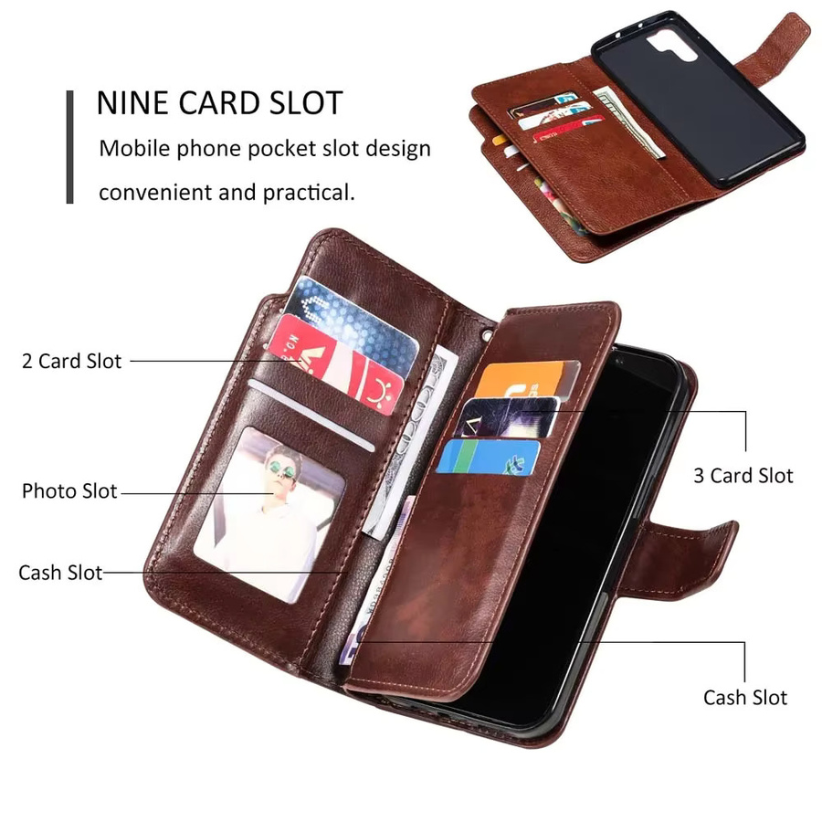 Leder-Geldbörse mit neun Kartenfächern als Handyhülle für Samsung Galaxy S24 Ultra S23 FE S22 S21 S20 S10 S9 S8 Plus in Rot und Braun - Bild 3