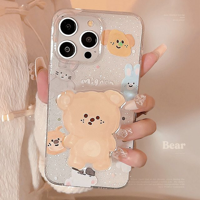 MUQGEW Handyhülle mit glitzerndem Cartoon-Tier und Bärenhalterung für iPhone 16 15 14 13 12 Pro Max, transparent und stoßfest - Bild 1