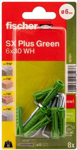 Fischer SX Plus Green Spreizdübel aus Kunststoff für Beton, Farbe: Grün, Durchmesser: 6 mm, Länge: 30 mm, 8 Stück - Bild 1