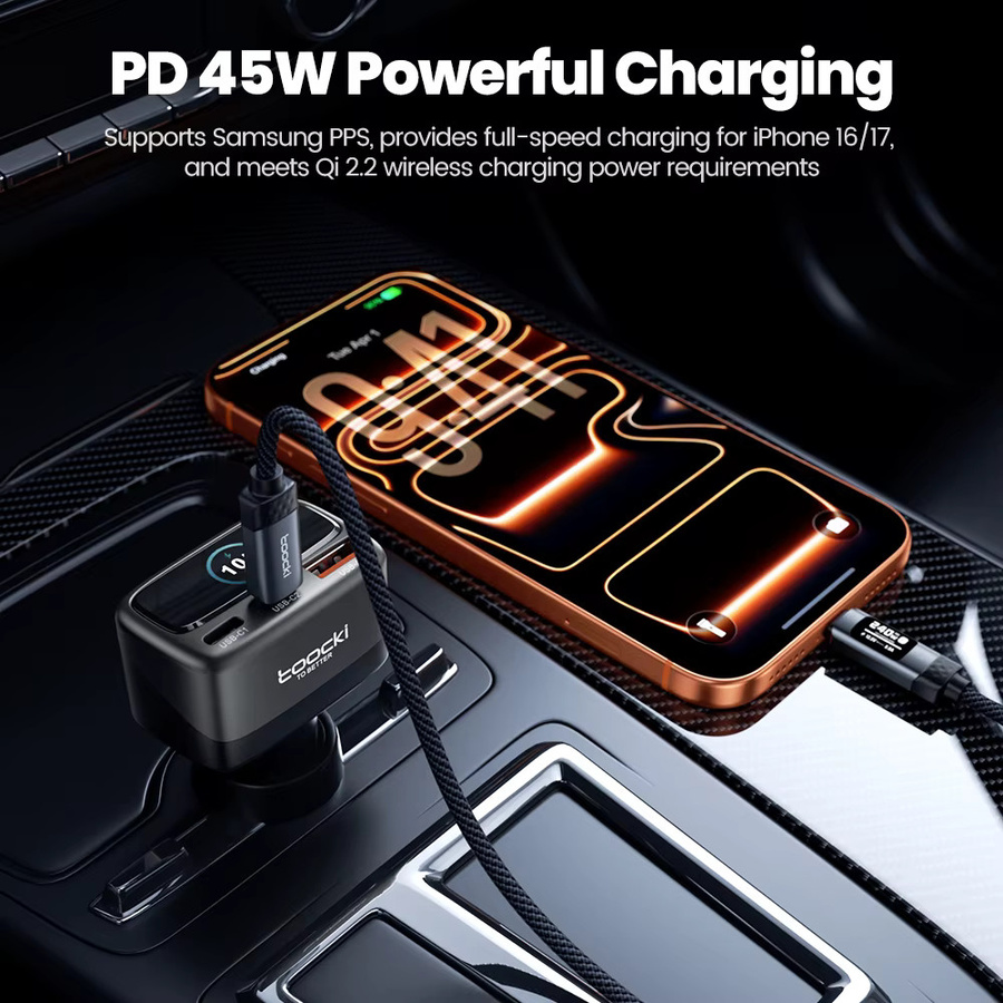 Toocki 105 W 3-in-1 Autoladegerät mit TFT-Display, PD45W und PPS Schnellladung, USB-C, Schwarz - Bild 3