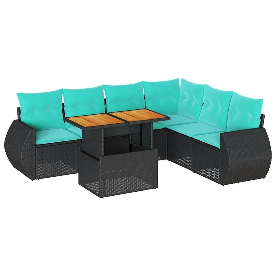 vidaXL 7-teilige Garten-Sofagarnitur aus Poly-Rattan und Akazienholz in Schwarz mit Kissen - Bild 2