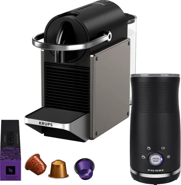 Krups Nespresso Pixie XN306T Kapselmaschine in Schwarz mit Pierre Milchaufschäumer aus Edelstahl - Bild 1