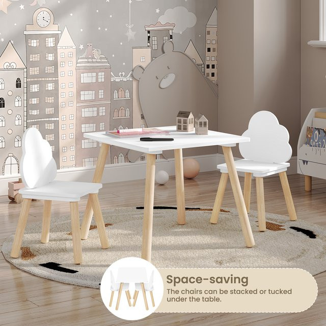 WOLTU Kindertisch-Set mit 2 Stühlen in Weiß, Tisch mit Wolkenrückenlehne und Beinen aus massivem Holz im skandinavischen Design - Bild 1