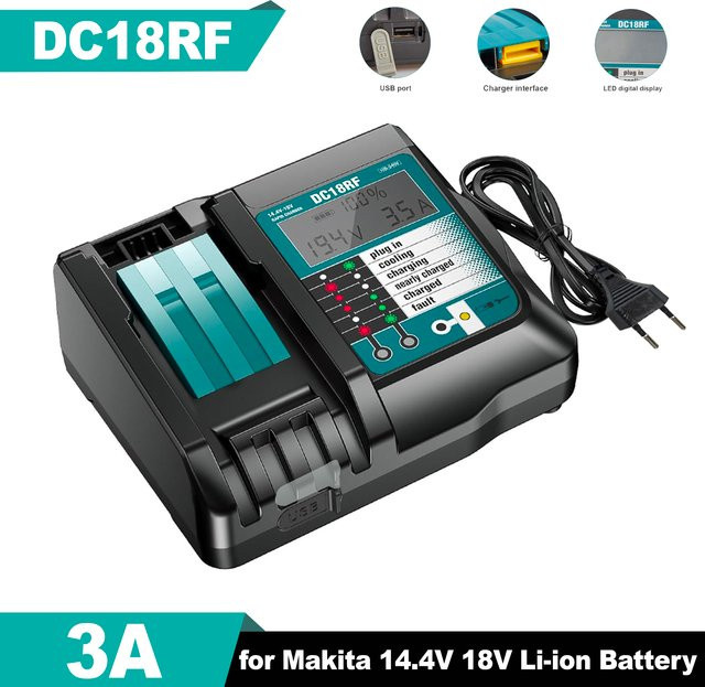 Makita DC18RF Li-Ionen-Akku-Ladegerät mit 3A Ladestrom und USB-Anschluss in Schwarz für 14,4 V und 18 V Elektrowerkzeuge - Bild 1
