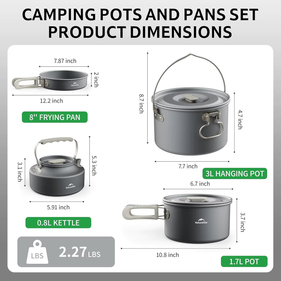 Naturehike Camping-Kochgeschirr-Set aus Aluminium in Grau, ultraleichtes Outdoor-Kochset mit Topf und Tassen - Bild 3