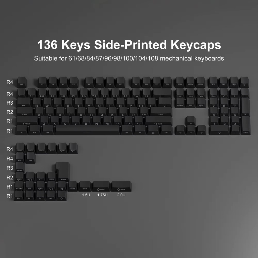 Schwarze PBT Double Shot Tastenkappen im OEM-Profil für mechanische Gamer-Tastaturen mit seitlicher Beschriftung und Hintergrundbeleuchtung - Bild 2