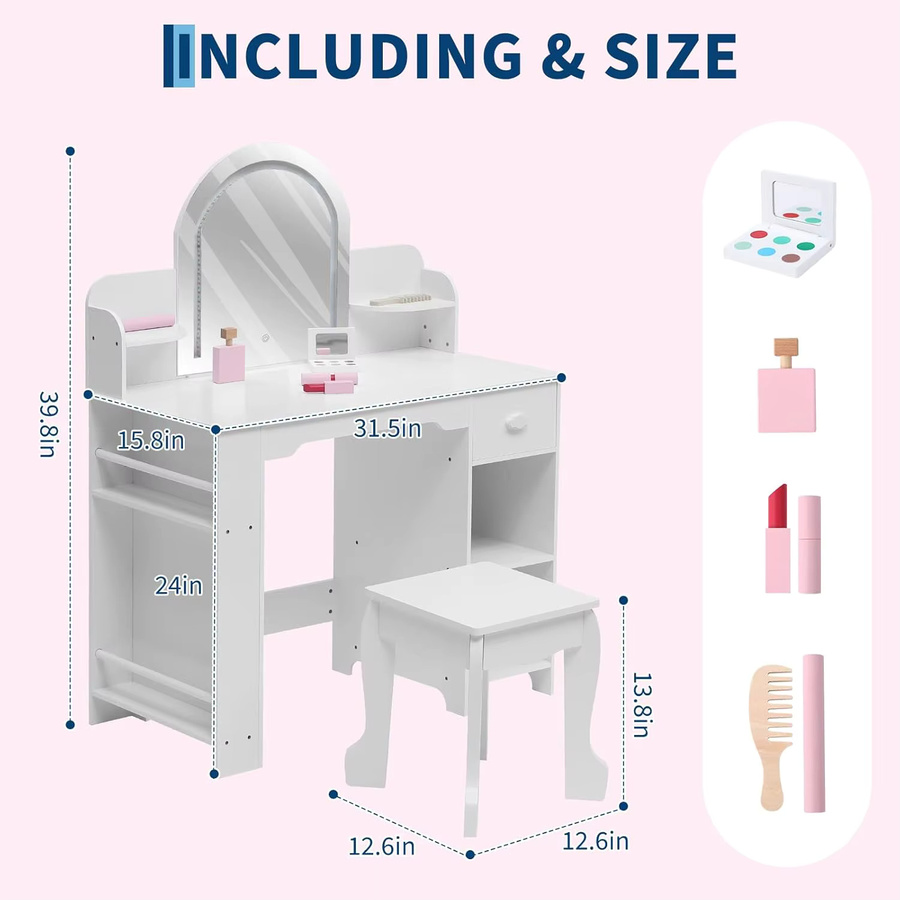 Garvee LED-Schminktisch für Kinder mit Hocker und Schubladen in Weiß - Bild 2