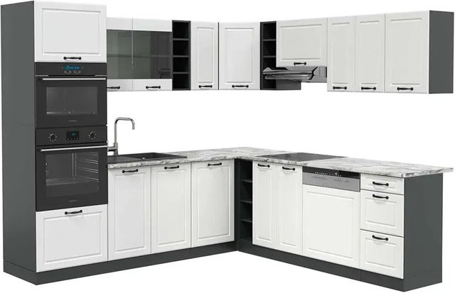 Vicco R-Line Eckküche Landhaus Weiß Anthrazit mit Marmor-Optik B/T/H: 237 x 247 x 81,6 cm - Bild 1