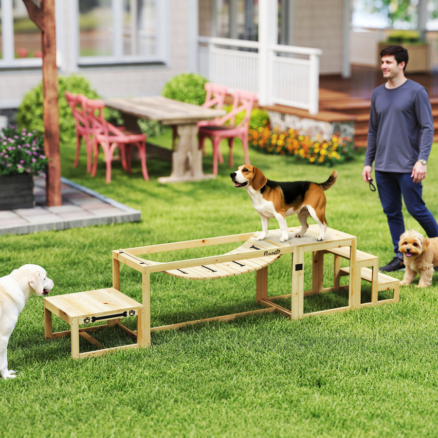 PawHut Hunde Agility Set aus Tannenholz in Braun, 4er-Set Hundetraining mit Brücke, Treppe und Plattform, B/H/L: 50 x 56 x 120 cm - Bild 2