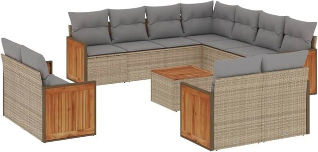 vidaXL 12-teilige Garten-Sofagarnitur aus Poly-Rattan und Akazienholz in Beige-grau mit Kissen - Bild 1