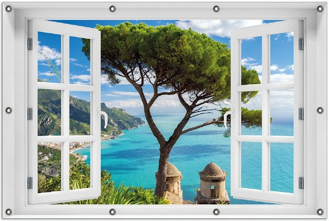 Wallario Gartenposter Italienische Küste mit Fenster-Illusion, Mehrfarbig, B: 60 cm, H: 90 cm - Bild 1