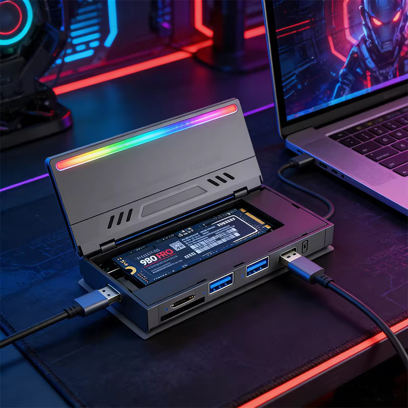 Lotorasia M.2 NVMe SSD-Gehäuse mit USB-C Anschluss, externer USB-Hub und TF/SD-Kartenleser sowie RGB-Anzeigeleuchte - Bild 2