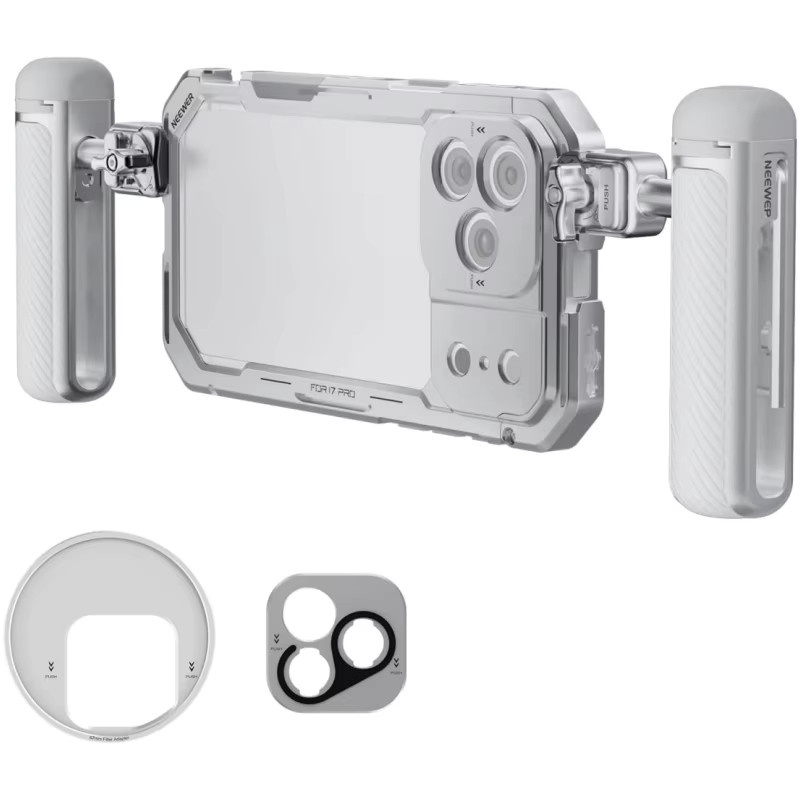 NEEWER Phone Cage Kit für iPhone 17 Pro und iPhone 17 Pro Max in Silber mit 67mm Filterring und 17mm Objektiv-Rückplatte - Bild 7