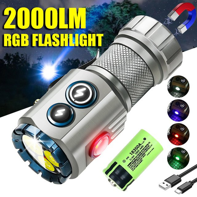 KDULIT LED-Taschenlampe mit RGB-Seitenlampe, wiederaufladbar via Typ C, mit Magnet und Heckmagnet für Camping und Wandern - Bild 1