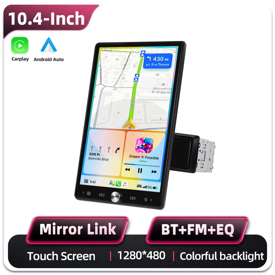 Podofo 1-DIN Autoradio MP5 mit 10,4 Zoll HD-Touchscreen, kabellosem Carplay und Android Auto, Bluetooth und Mirror-Link, Schwarz - Bild 5