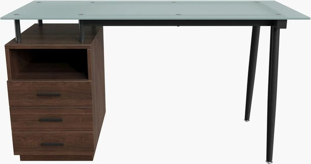 PXloue Eckschreibtisch in Braun mit 3 Schubladen und Milchglas-Tischplatte für Büro und Homeoffice - Bild 1