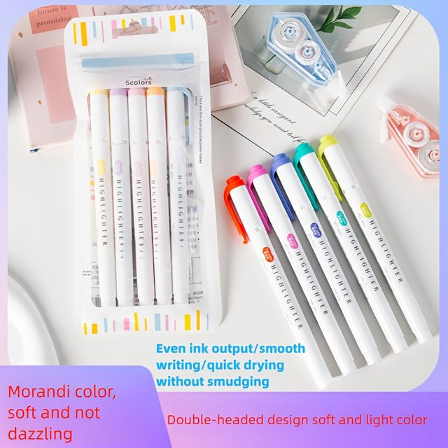 5-teiliges Textmarker-Set mit doppelseitigen Stiften in Multicolour für Journaling und Kunst mit feiner und breiter Spitze - Bild 1