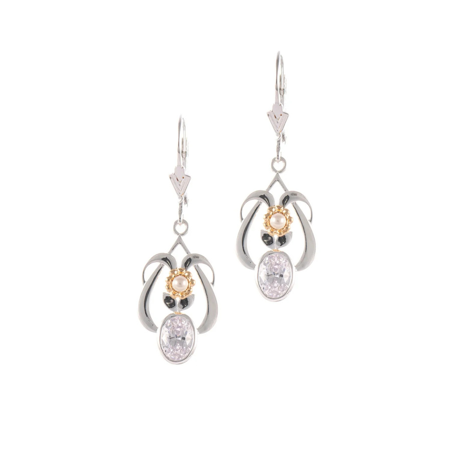 Ohrringe 925 Silber, teilvergoldet, Zirkonia weiß, Perle, Damen - Bild 1