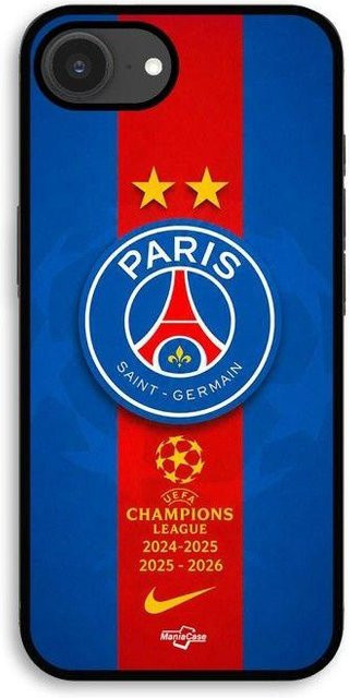 Maniacase iPhone 16e Schutzhülle mit PSG Logo und Champion Design in Schwarz, Rot und Blau - Bild 1