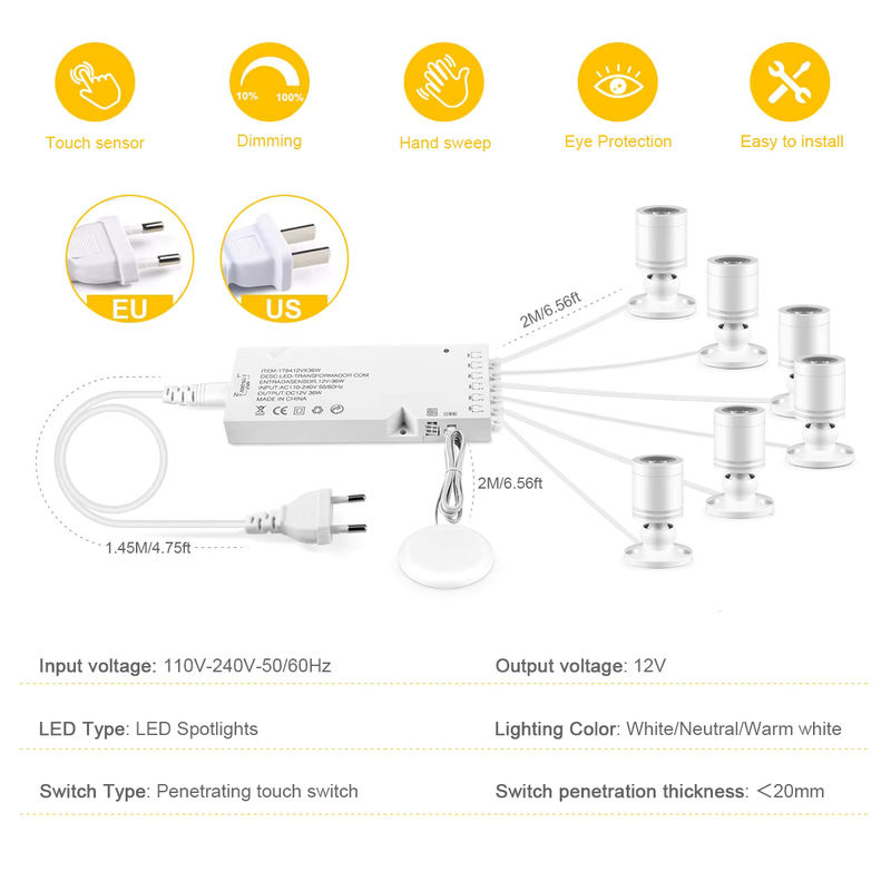 Guillermo 12V LED-Schrankbeleuchtung mit Touch-Dimmer, 3W Spotlight für Holz und Glas, Weiß - Bild 2