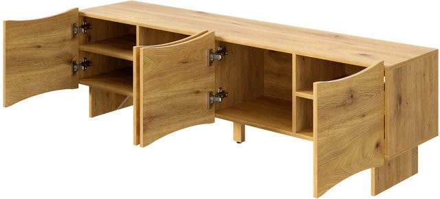 okwish TV Schrank mit Wellenmuster in Braun und Beige, moderner Mediaschrank mit 4 Türen und integrierter Kabeldurchführung, B/T/H: 155 x 36 x 47 cm - Bild 1
