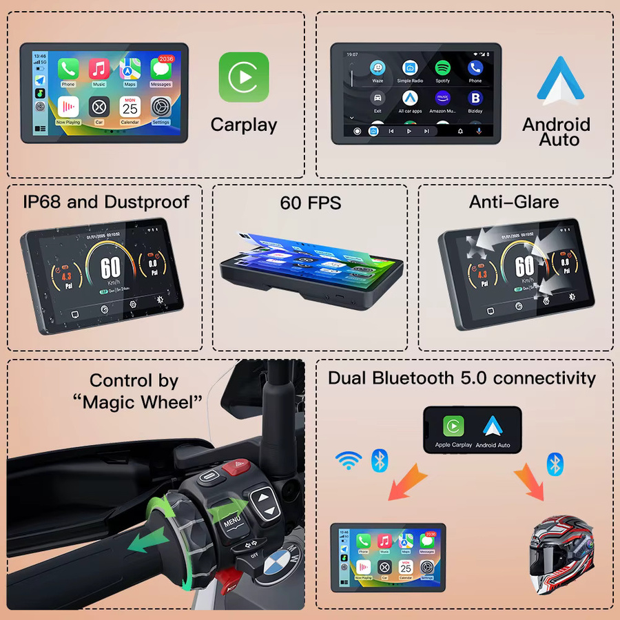 CARABC 6 Zoll Motorrad Wireless Carplay und Android Auto mit GPS-Navigation in Schwarz für BMW F750GS XR M1000 R1200GS R1250GS R1300GS S1000XR und Bluetooth-Anbindung - Bild 4