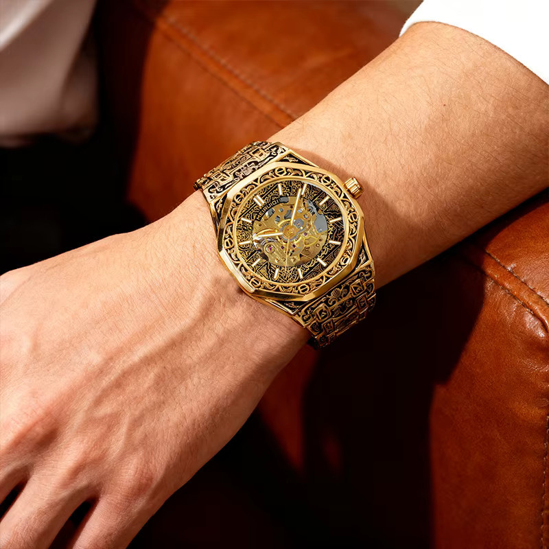 MEIRUIQI Armbanduhr Automatik, Edelstahl, Gold, Eckig, Herren - Bild 5