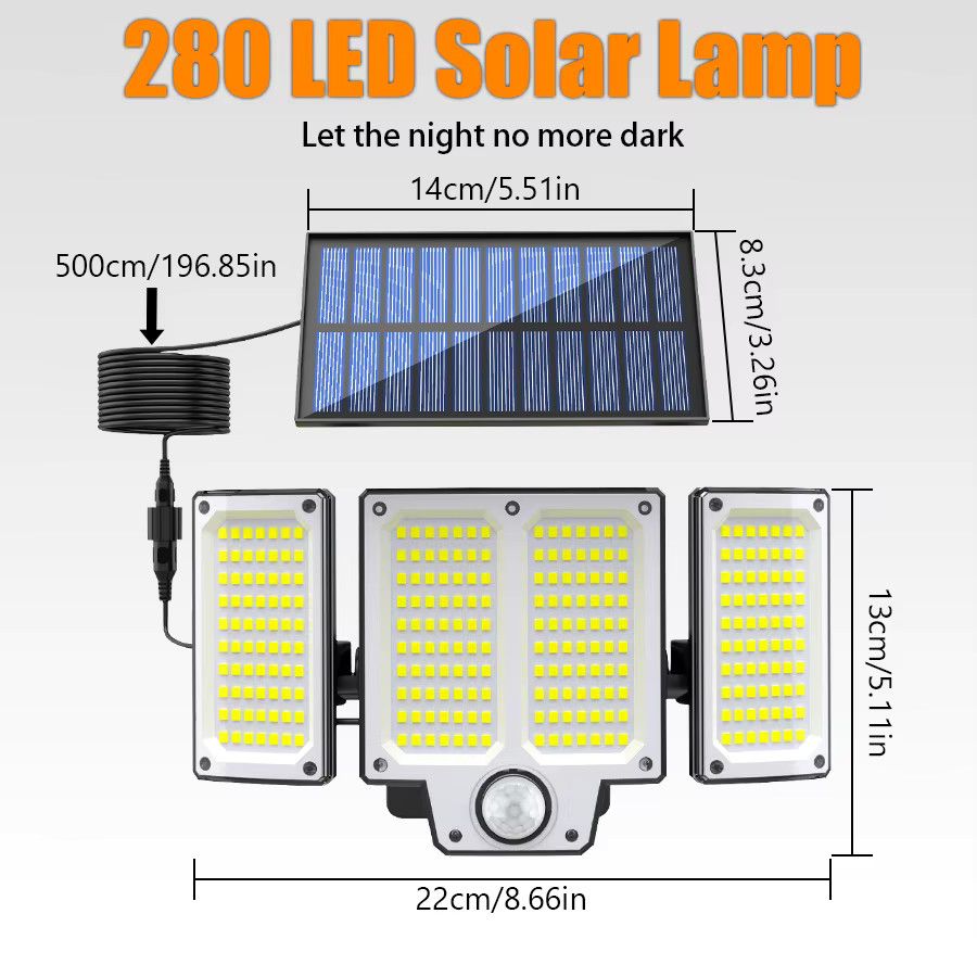 ZHIYU Solar-Wandleuchte mit 280 LEDs und Bewegungsmelder, Solar-Flutlicht mit verstellbarem Beleuchtungskopf für den Außenbereich - Bild 5