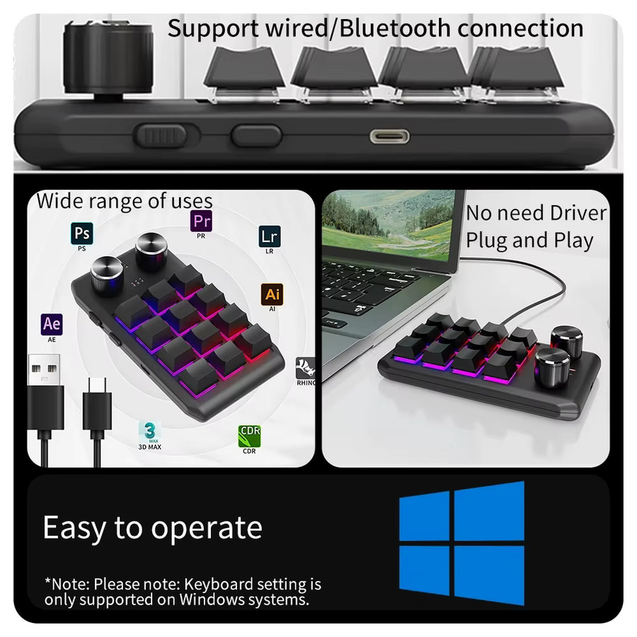 Ammtoo Mechanisches Macropad mit 12 Tasten und RGB-Beleuchtung, Programmierbare Bluetooth-Mini-Tastatur mit Hotswap-Funktion, Schwarz - Bild 5