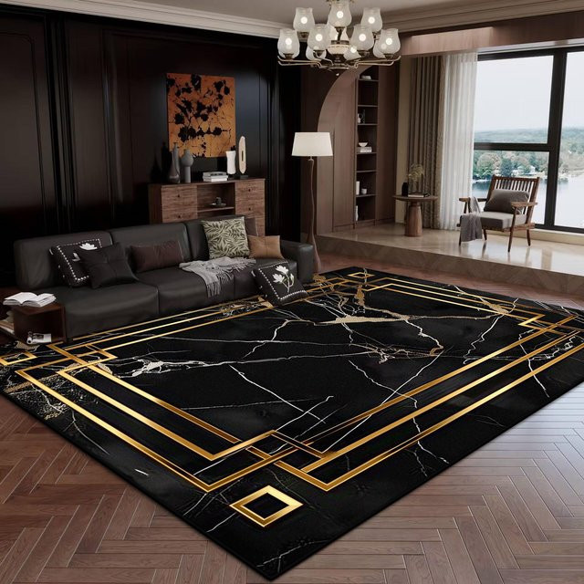 Moderner Teppich Karpetti in Schwarz-Gold, waschbar und rutschfest, B/B: 80 x 120 cm - Bild 1