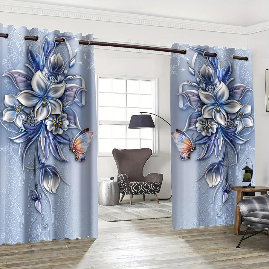 Yiran Furniture 2er-Set Vorhänge mit Retro-Blumenmuster in Blau, halbtransparent, B: 100 cm, H: 230 cm - Bild 2