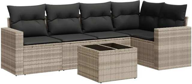 vidaXL 6-tlg Garten-Sofagarnitur L-Form aus Poly Rattan in Hellgrau mit UV-beständigen Kissen und pulverbeschichtetem Stahlgestell - Bild 1