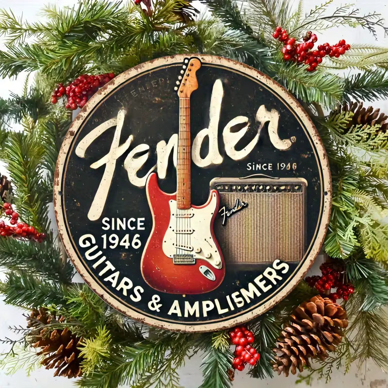 Rundes Vintage Aluminiumschild Potdemiel Fender Guitars And Sound Systems in Multicolour, Durchmesser: 20 cm - Bild 3