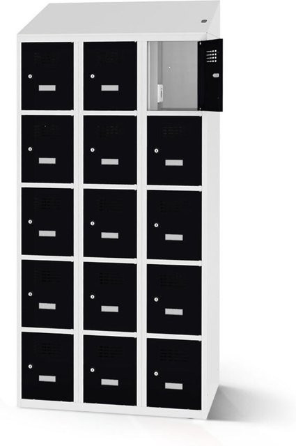 rotstahl Fächerschrank mit Ladefunktion und 15 Fächern, schwarz, Korpus lichtgrau, B: 90 cm, H: 200 cm - Bild 1