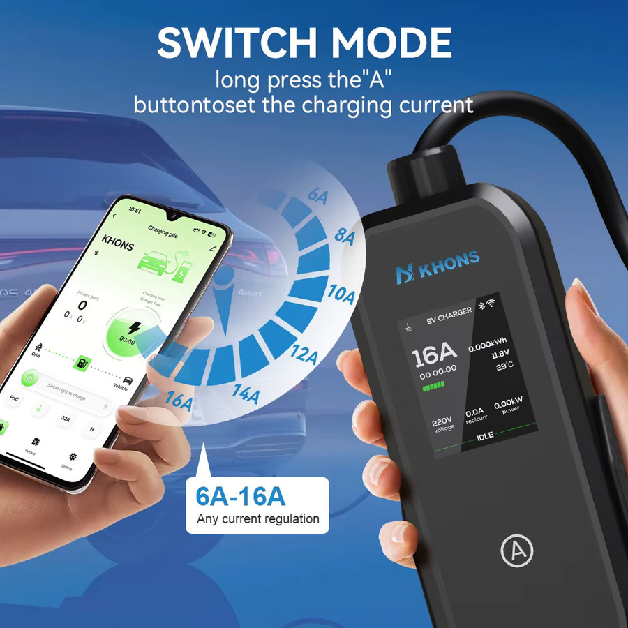 Khons Tragbares EV-Ladegerät Typ2 mit APP-Steuerung, 11KW 16A 3-Phasen EVSE-Ladebox, 5m TPU-Kabel, Schwarz - Bild 4